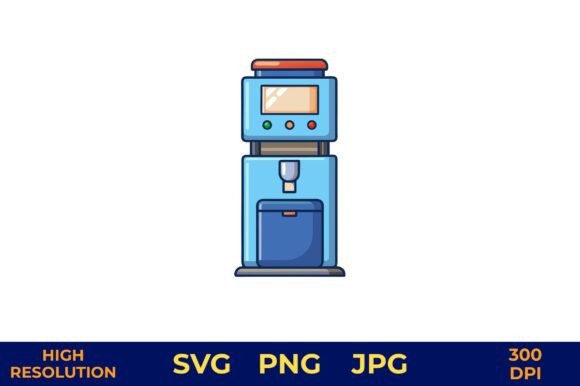 Blue Water Cooler with Digital Display Graphics and Illustrations