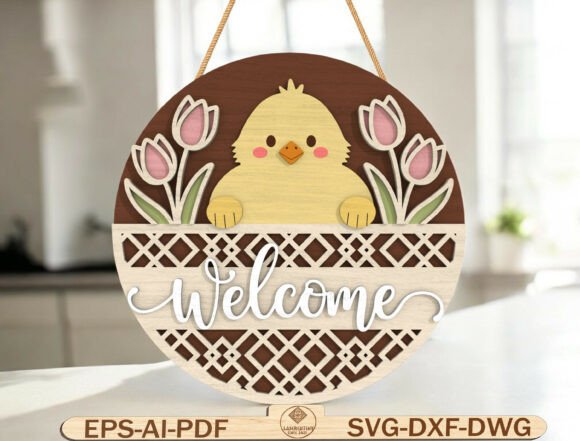 Easter Welcome Round Sign Laser Cut SVG for Spring Amp