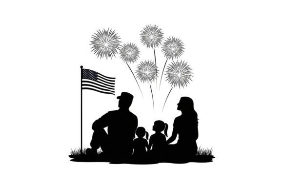 Family Watching Fireworks Display on 4th Graphics and Illustrations