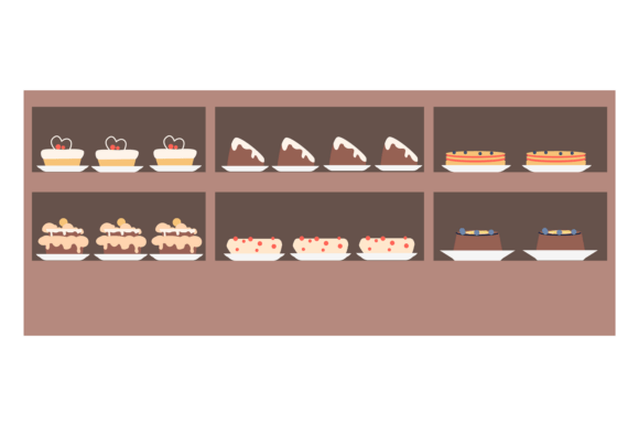 Pastry Store Display. Wooden Shelves Wit Graphics and Illustrations Review